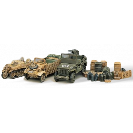 Kit Modello WWII vehicle set. Kubelwagen Kettenkrad Willys Jeep diorama base jerry cans crates.