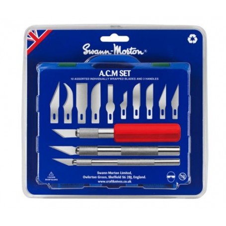  A.C.M Set (Art′s, craft and Modellers Set) Includes 1 x No.1 handle, 1 x No.2 handle, 1 x No.5 handle and 13 precision ground c